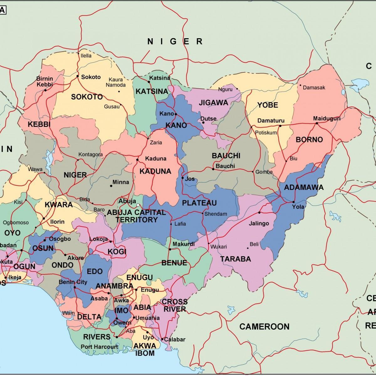 מפה של ניגריה עם מדינות וערים.