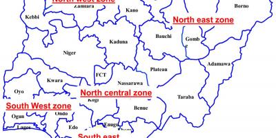 מפה של ניגריה מראה שש הגיאו-פוליטי אזורי